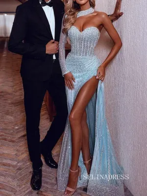 Chic One Shoulder Mermaid Long Prom Dresses Long Sleeve Light Sky Blue Beaded Evening Gowns sew0302