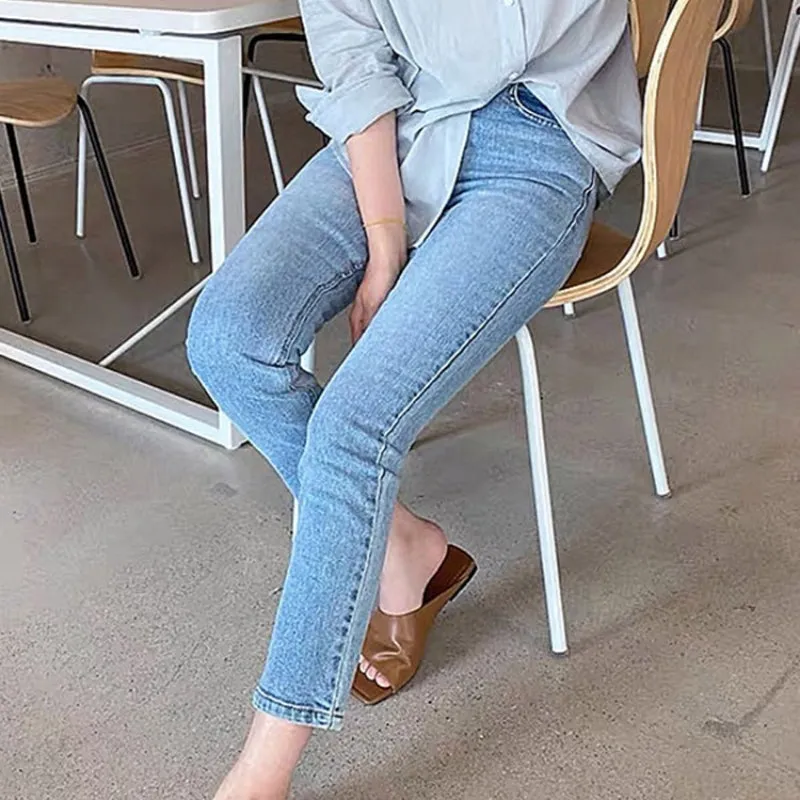 Classic Plain High-Waisted Skinny Boyfriend Jeans