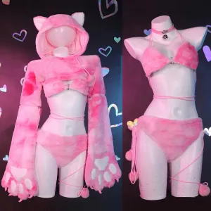 Cosplay Cartoon Kitty Cat Paw Plush Hooded Lingerie Set