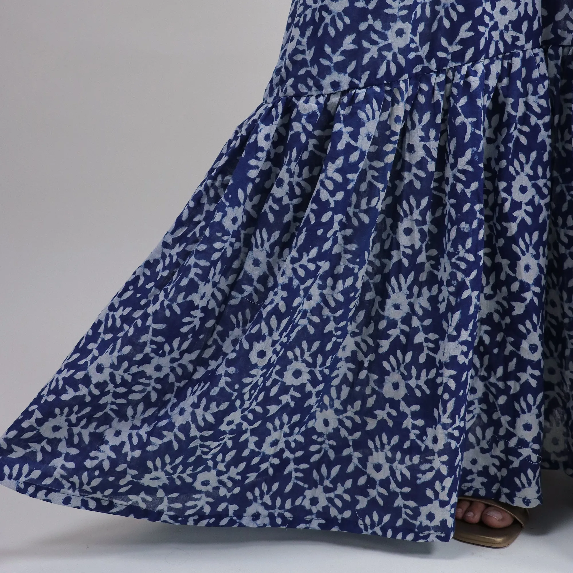 Cotton Hand Block Floral Printed Blue Best Midi Dress Design