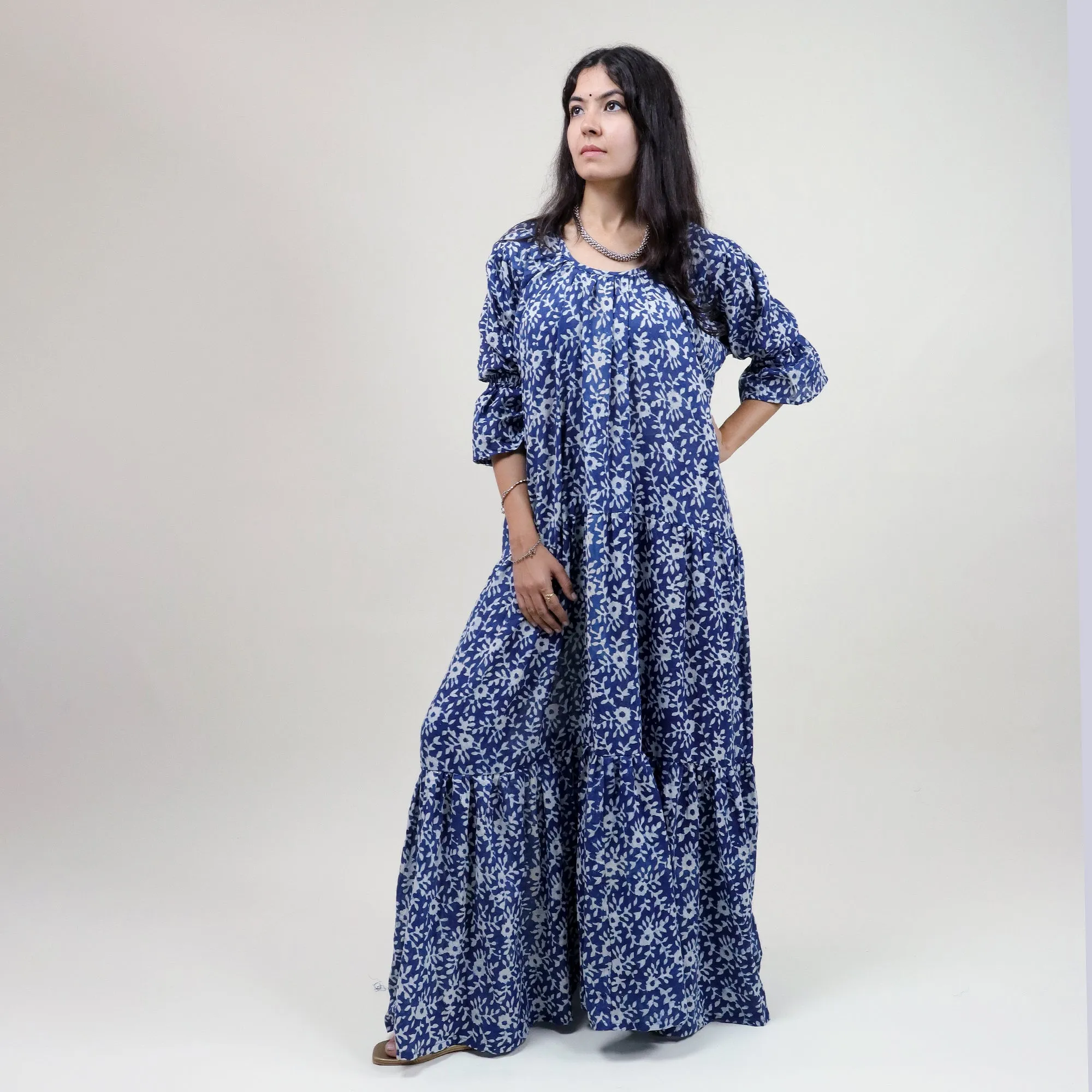 Cotton Hand Block Floral Printed Blue Best Midi Dress Design