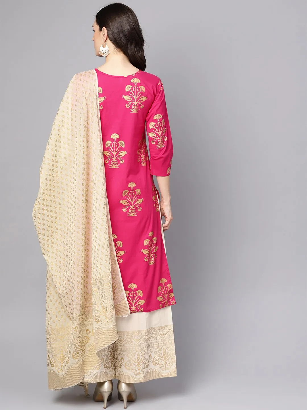 Cream Gold Printed Three Piece Kurta set With Palazzo & Dupatta