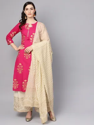 Cream Gold Printed Three Piece Kurta set With Palazzo & Dupatta