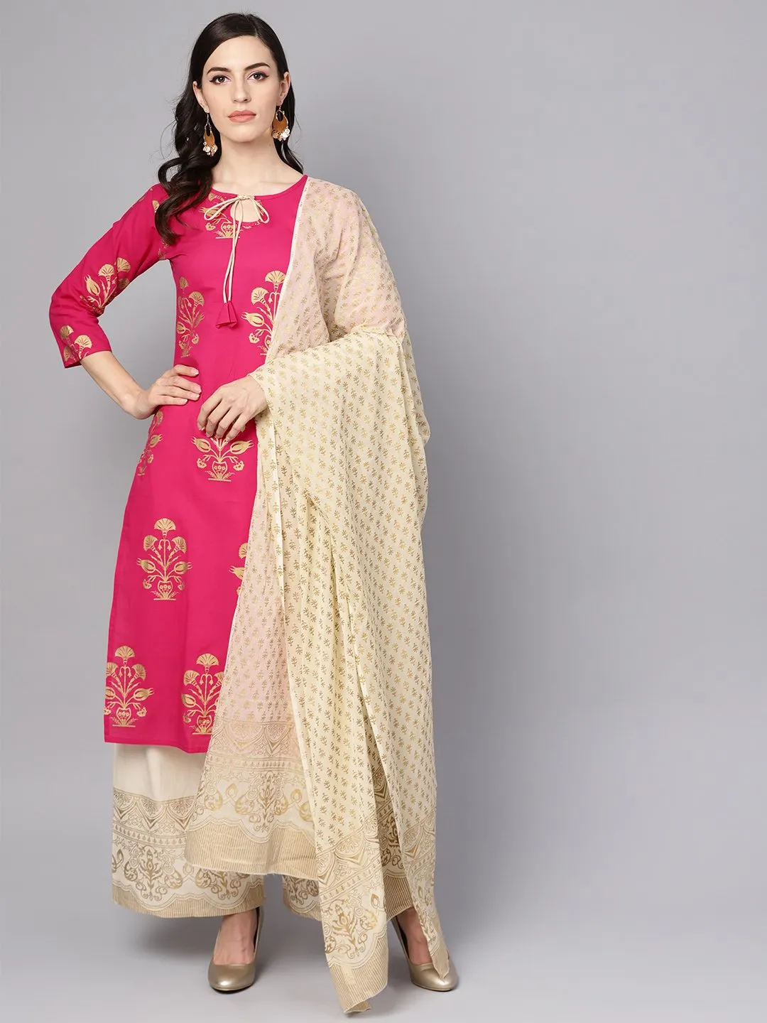 Cream Gold Printed Three Piece Kurta set With Palazzo & Dupatta