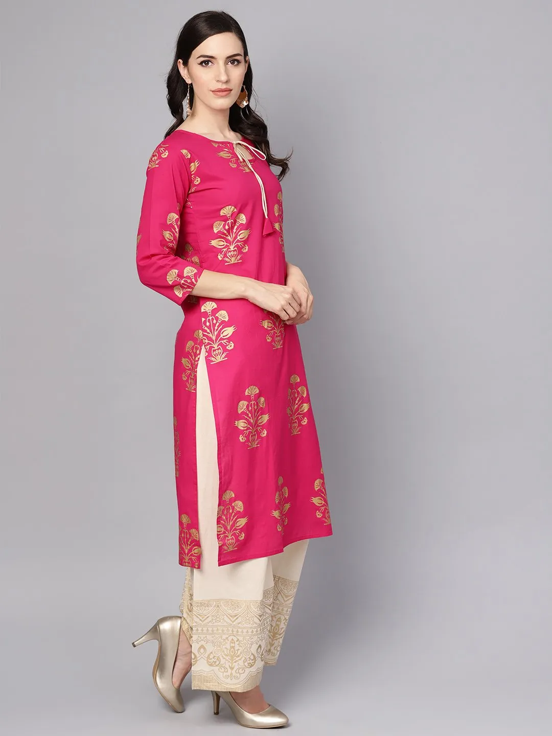 Cream Gold Printed Three Piece Kurta set With Palazzo & Dupatta