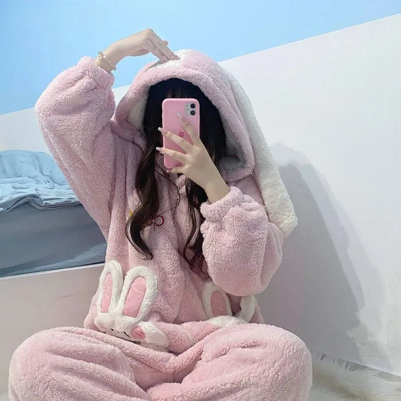 Cute Cartoon Bunny Pocket Plush Hooded Jumpsuit Pajamas