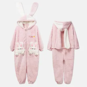 Cute Cartoon Bunny Pocket Plush Hooded Jumpsuit Pajamas