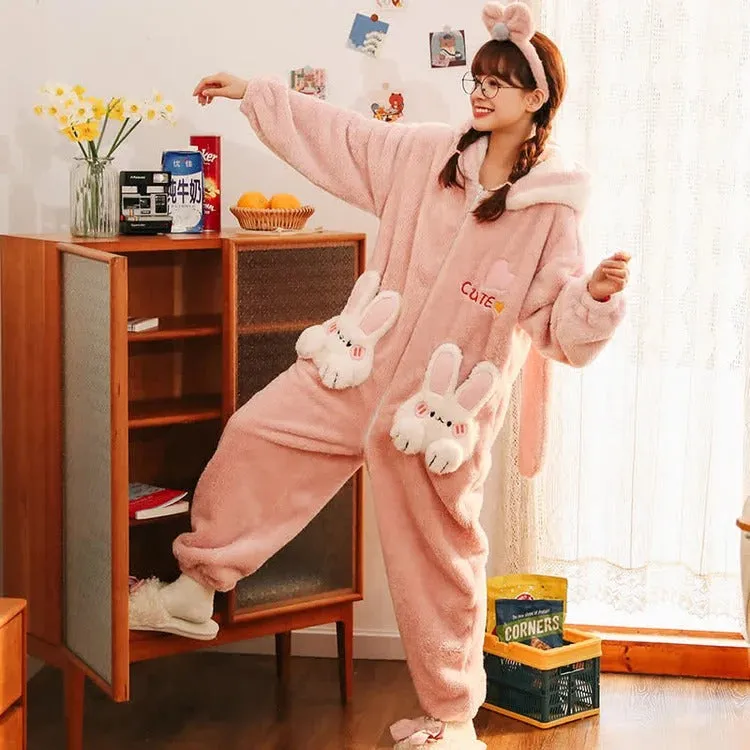 Cute Cartoon Bunny Pocket Plush Hooded Jumpsuit Pajamas