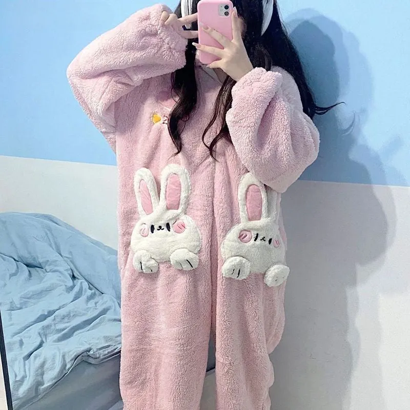 Cute Cartoon Bunny Pocket Plush Hooded Jumpsuit Pajamas