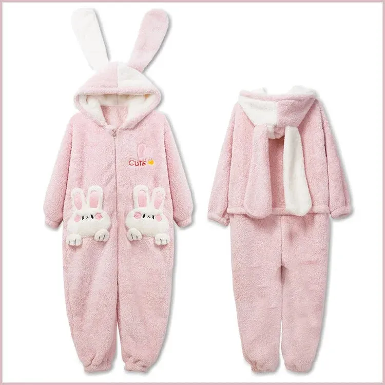 Cute Cartoon Bunny Pocket Plush Hooded Jumpsuit Pajamas