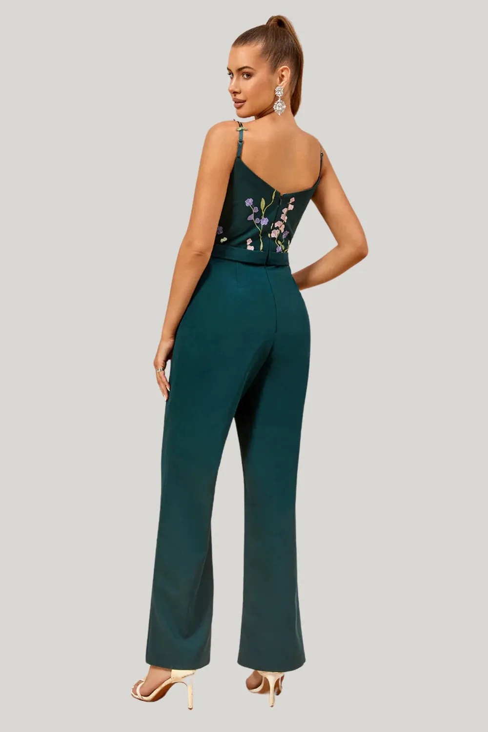 Dark Green Spaghetti Straps Appliques Wedding Guest Jumpsuits