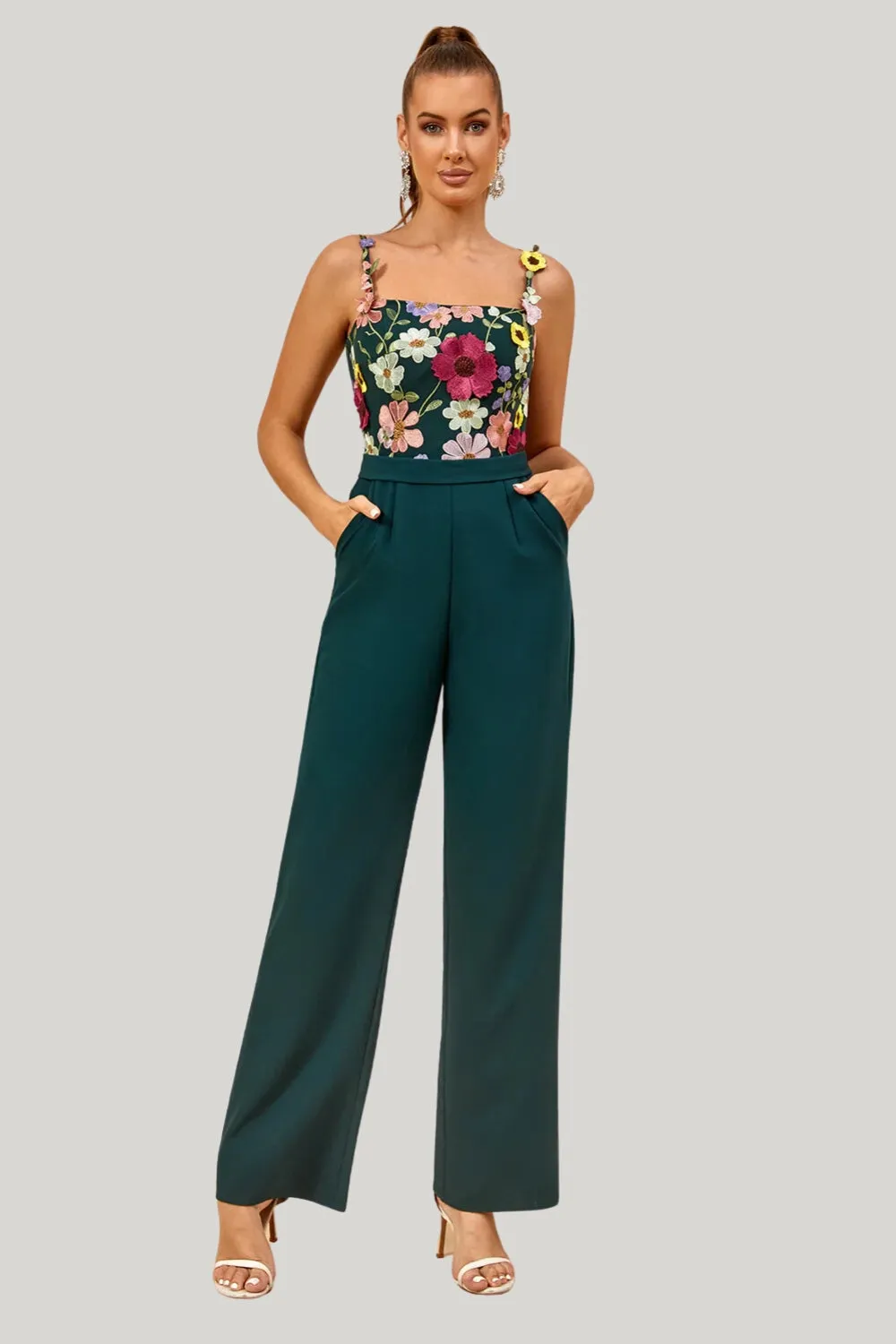 Dark Green Spaghetti Straps Appliques Wedding Guest Jumpsuits