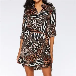 Dunnmall Chiffon Leopard Snake Sexy Mini Party Dress Vintage Turn-Down Collar Shirt Dress