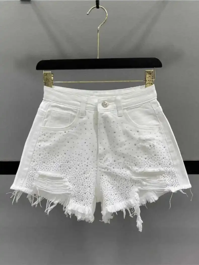 Fashion Rhinestone Diamond Denim Shorts for Women High Waist Ripped Jeans