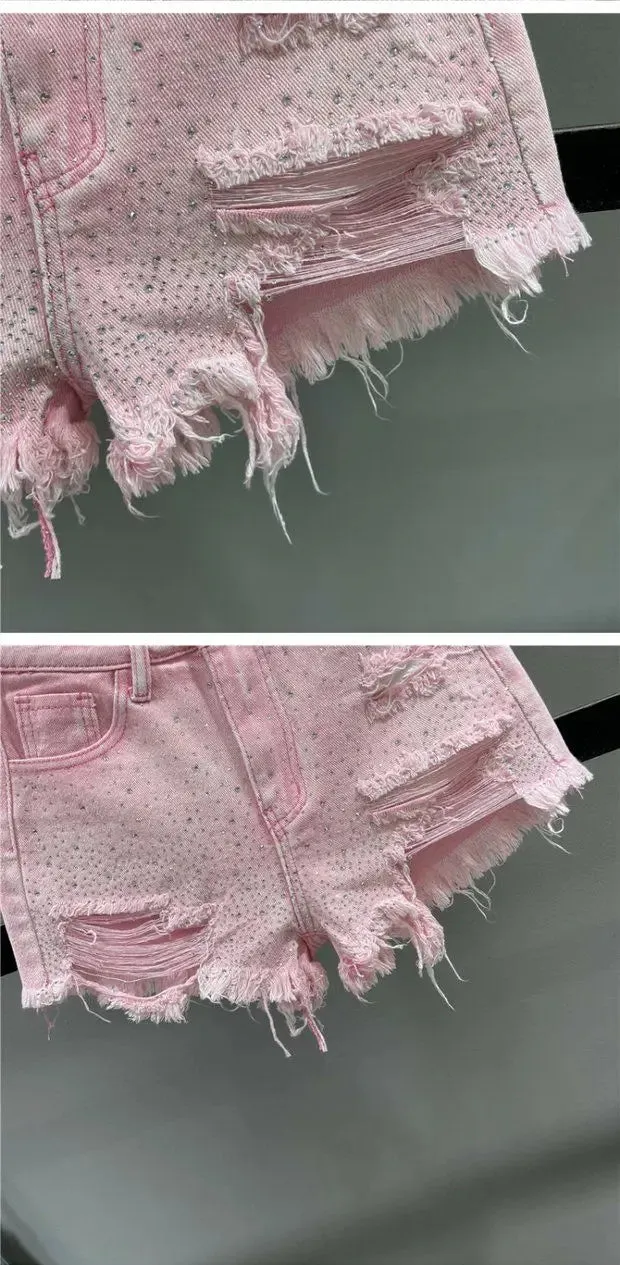 Fashion Rhinestone Diamond Denim Shorts for Women High Waist Ripped Jeans