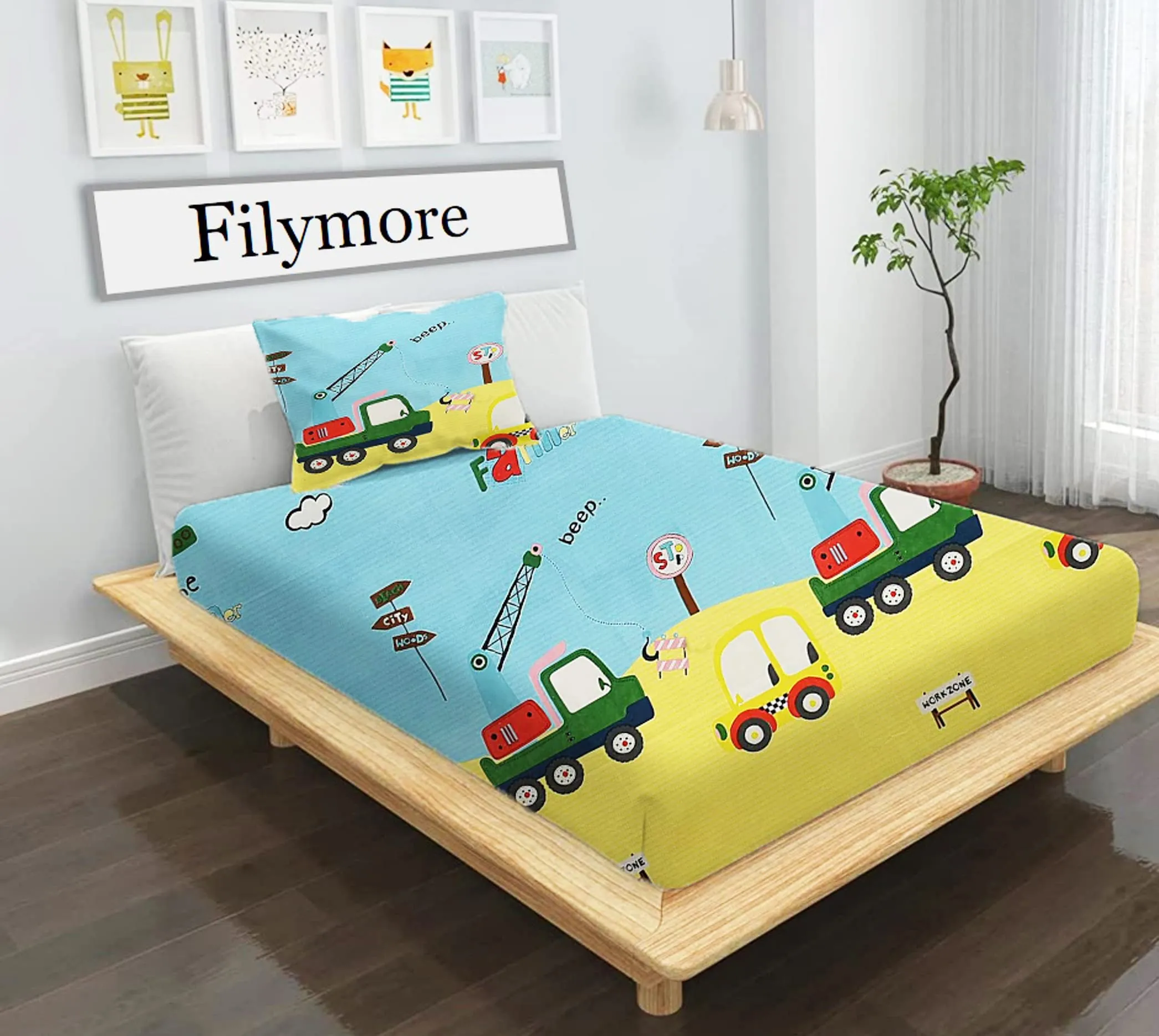 Filymore Car Single Bed Sheet for Cute car Toys bedsheet for Boys Room Cartoon bedsheet for Kids Made with Microfiber 1 bedsheet with 1 Pillow Covers (Size 90x60 Inch)(Colour-Lemon and Sky Blue)