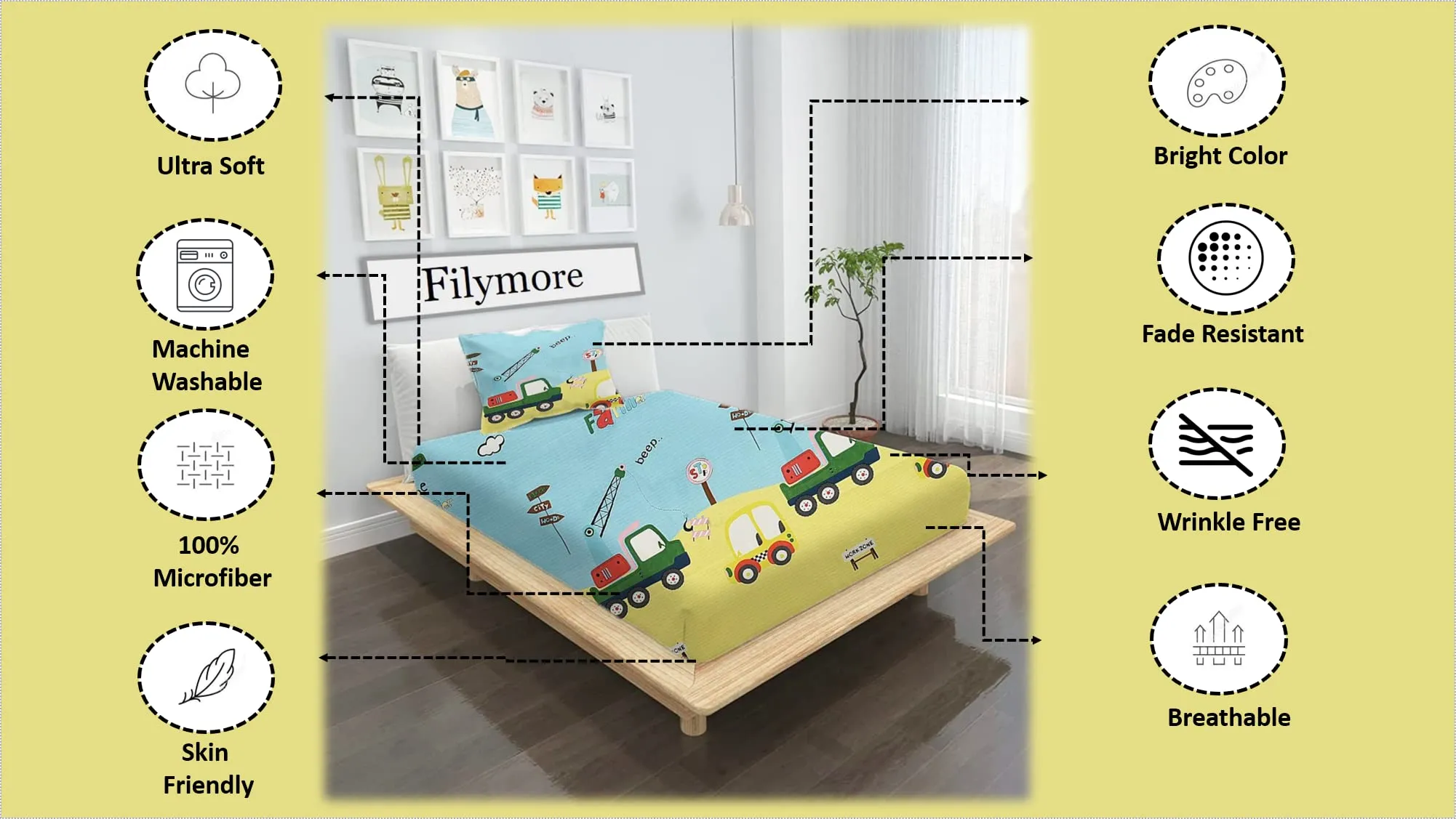 Filymore Car Single Bed Sheet for Cute car Toys bedsheet for Boys Room Cartoon bedsheet for Kids Made with Microfiber 1 bedsheet with 1 Pillow Covers (Size 90x60 Inch)(Colour-Lemon and Sky Blue)