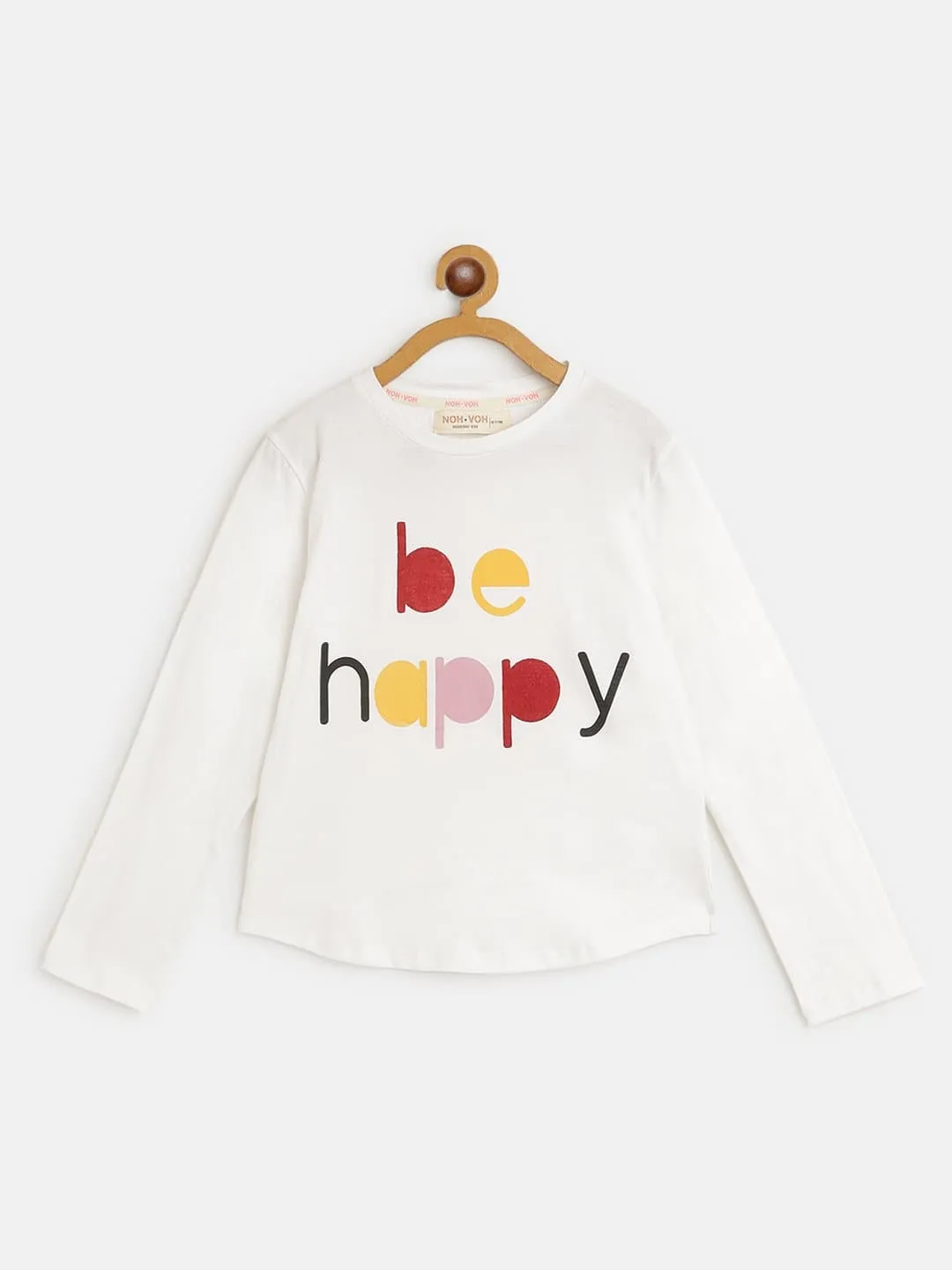 Girls White Be Happy Print Full Sleeve T-Shirts - Lyush Kids