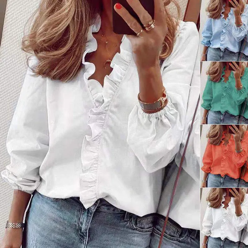 Graduation Gifts   Elegant Ruffle Women Shirt Blouses Casual V Neck Long Sleeve Loose Female Tops Tunic White Shirt For Women Fashion Blusas 18246