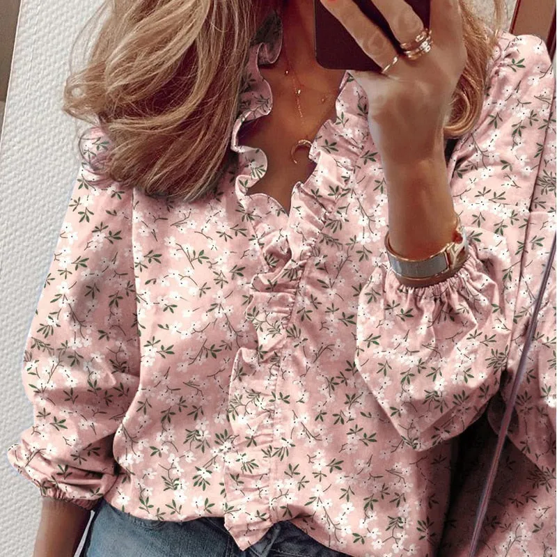 Graduation Gifts   Elegant Ruffle Women Shirt Blouses Casual V Neck Long Sleeve Loose Female Tops Tunic White Shirt For Women Fashion Blusas 18246