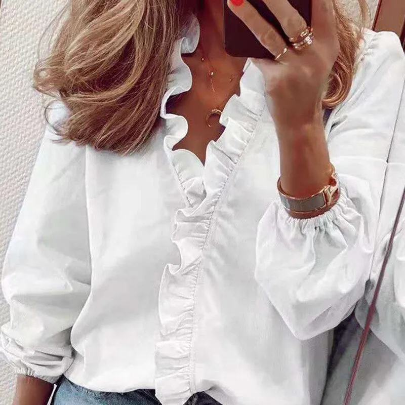 Graduation Gifts   Elegant Ruffle Women Shirt Blouses Casual V Neck Long Sleeve Loose Female Tops Tunic White Shirt For Women Fashion Blusas 18246