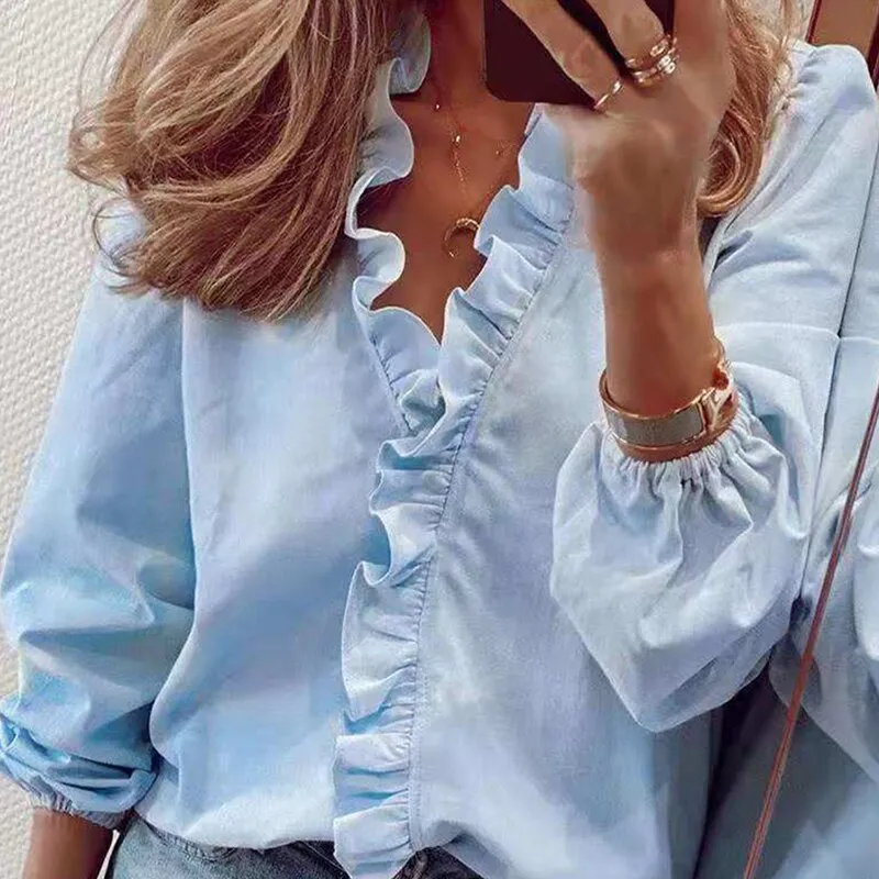 Graduation Gifts   Elegant Ruffle Women Shirt Blouses Casual V Neck Long Sleeve Loose Female Tops Tunic White Shirt For Women Fashion Blusas 18246