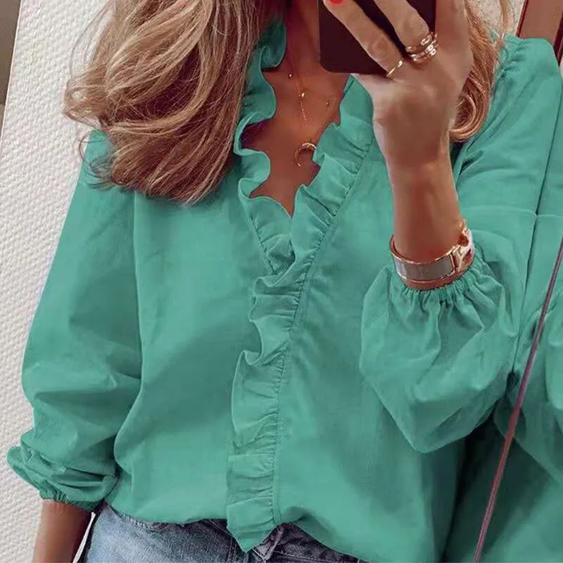 Graduation Gifts   Elegant Ruffle Women Shirt Blouses Casual V Neck Long Sleeve Loose Female Tops Tunic White Shirt For Women Fashion Blusas 18246