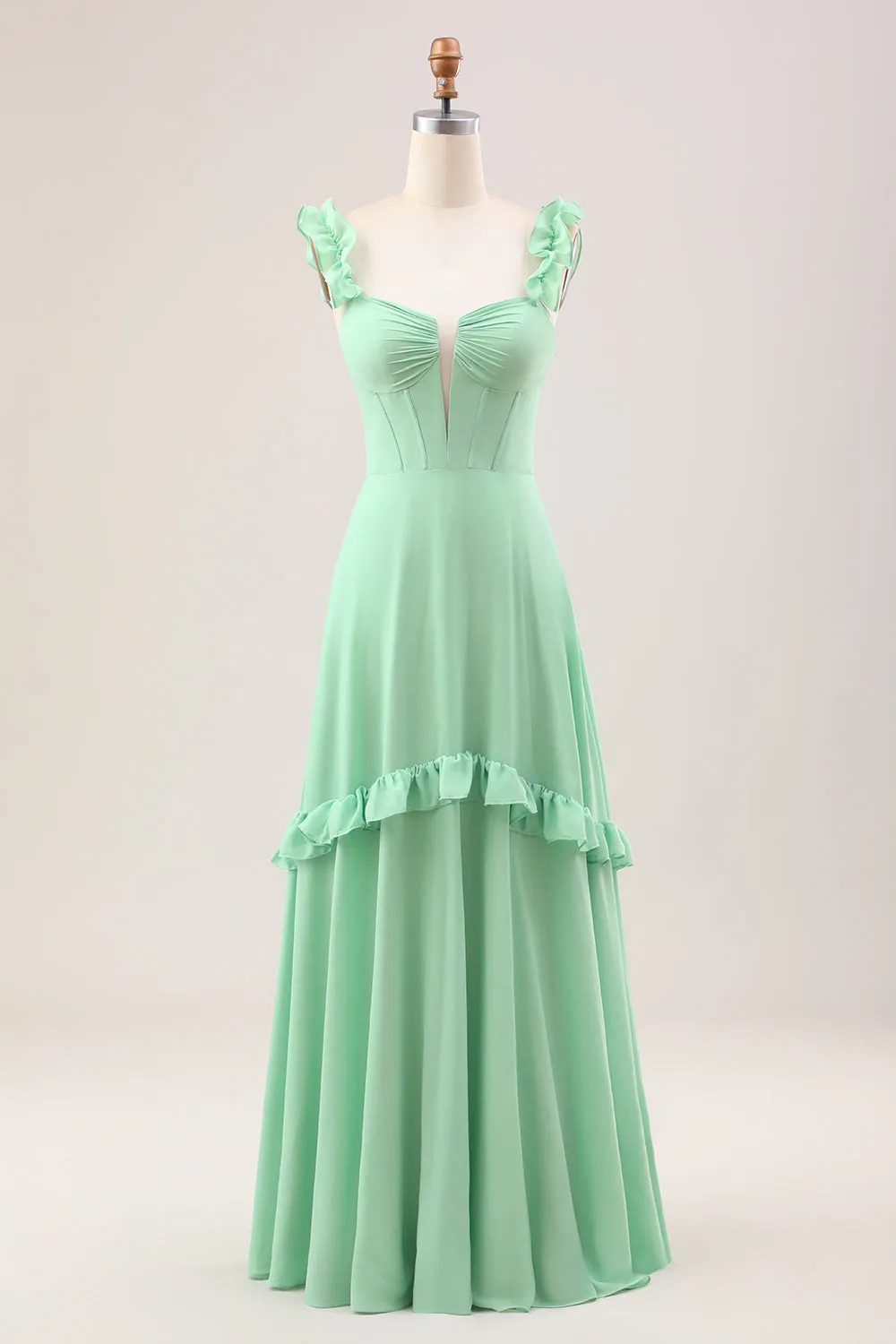 Green A Line Off The Shoulder Corset Maxi Dress With Ruffles