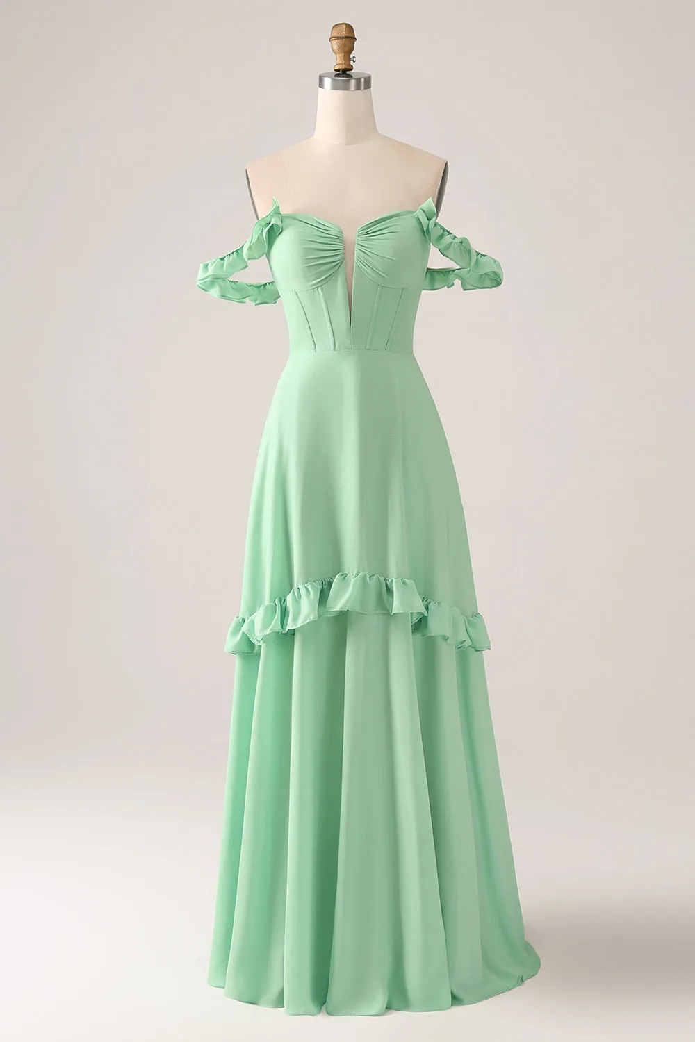 Green A Line Off The Shoulder Corset Maxi Dress With Ruffles