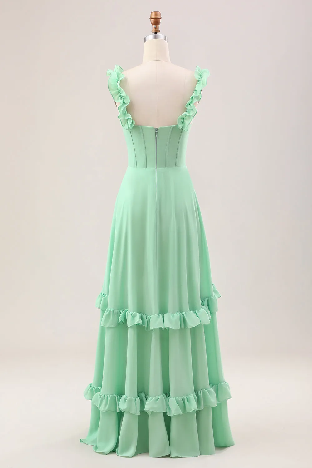 Green A Line Off The Shoulder Corset Maxi Dress With Ruffles