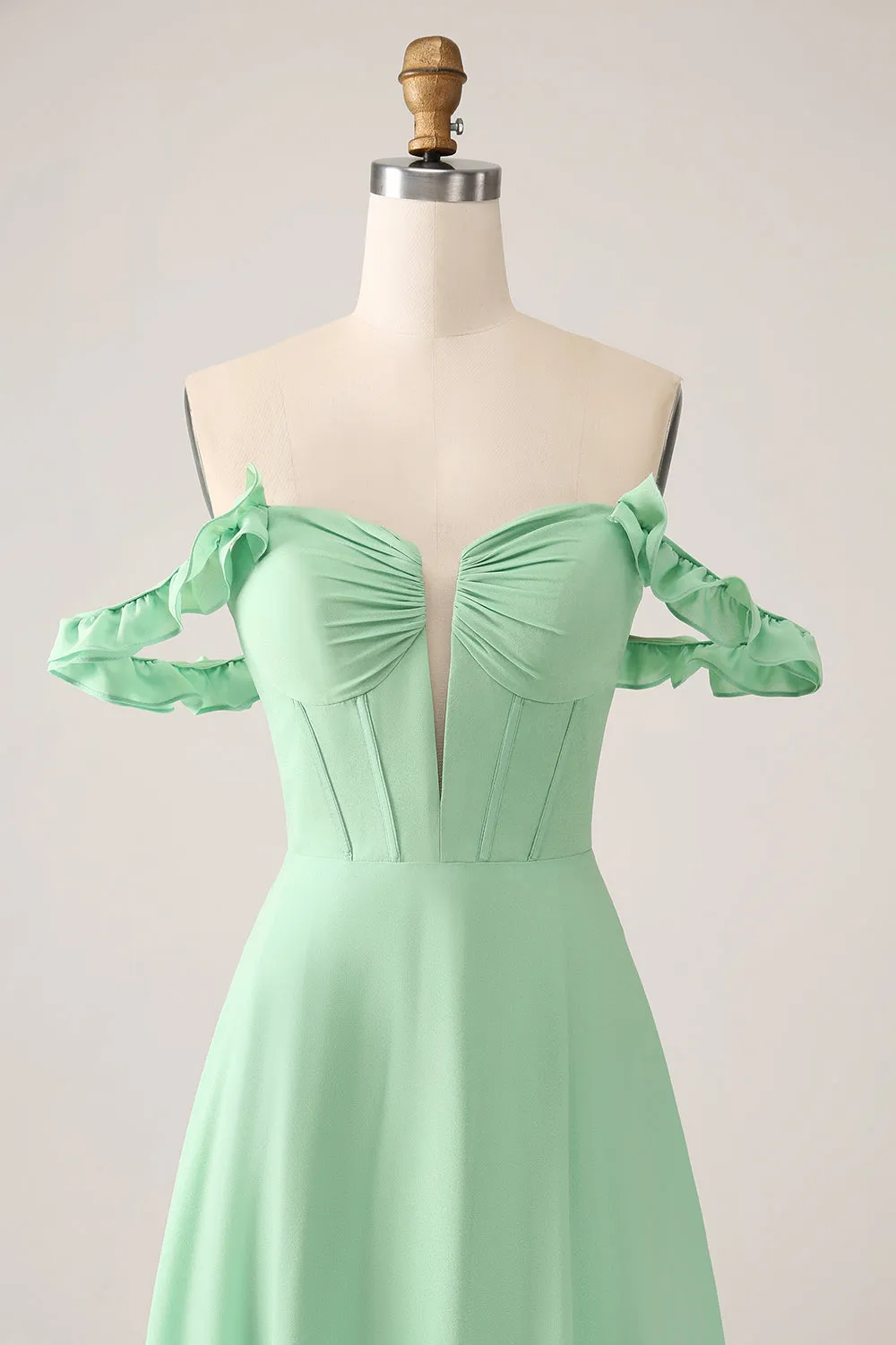 Green A Line Off The Shoulder Corset Maxi Dress With Ruffles