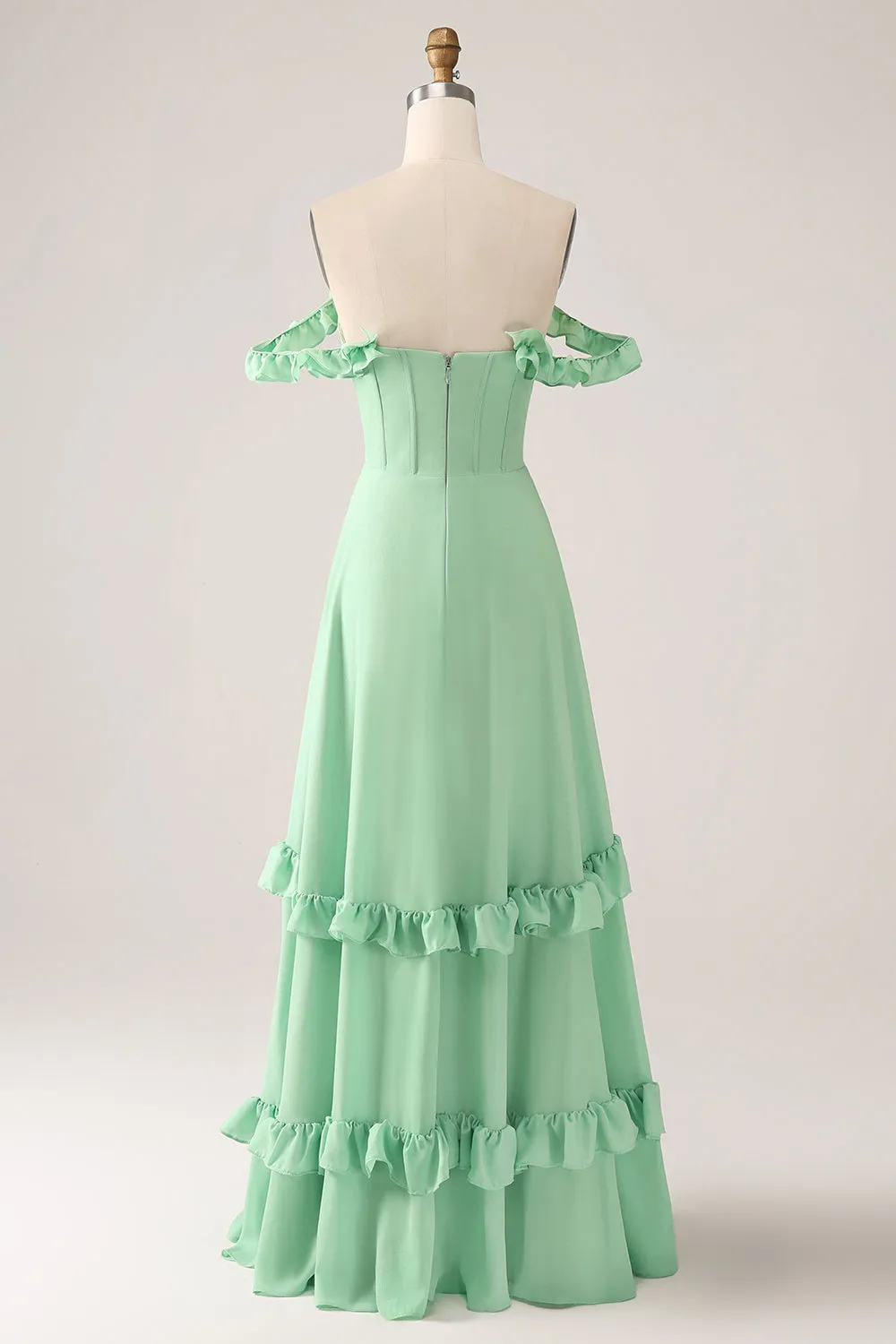 Green A Line Off The Shoulder Corset Maxi Dress With Ruffles