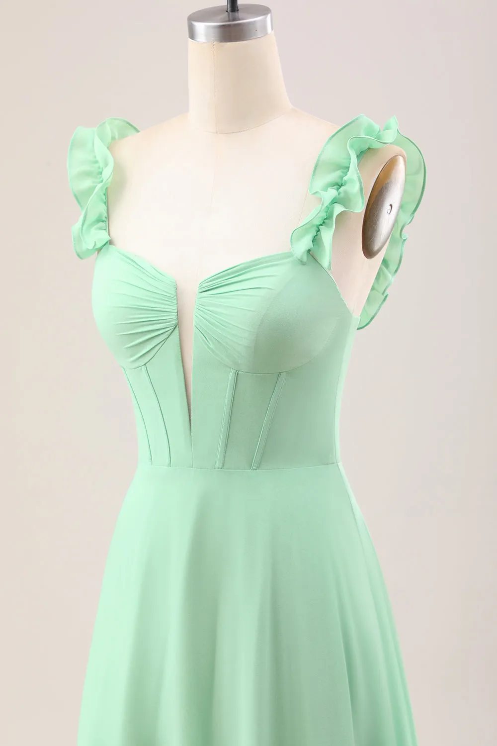 Green A Line Off The Shoulder Corset Maxi Dress With Ruffles