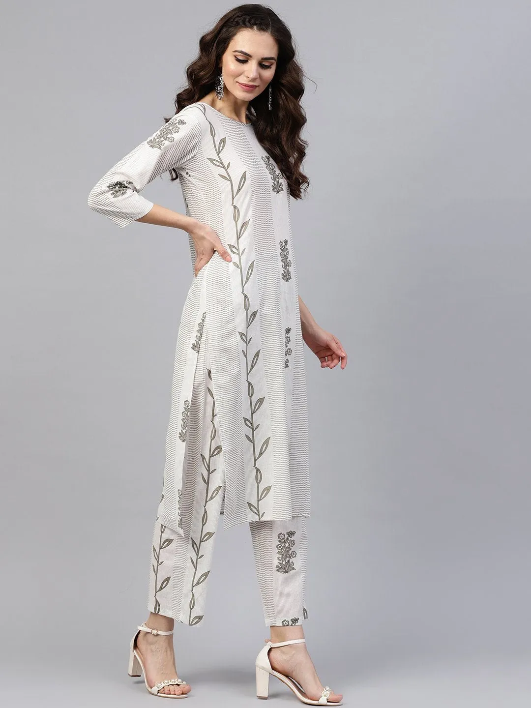 Grey printed 3/4th sleeve kurta with palazzo