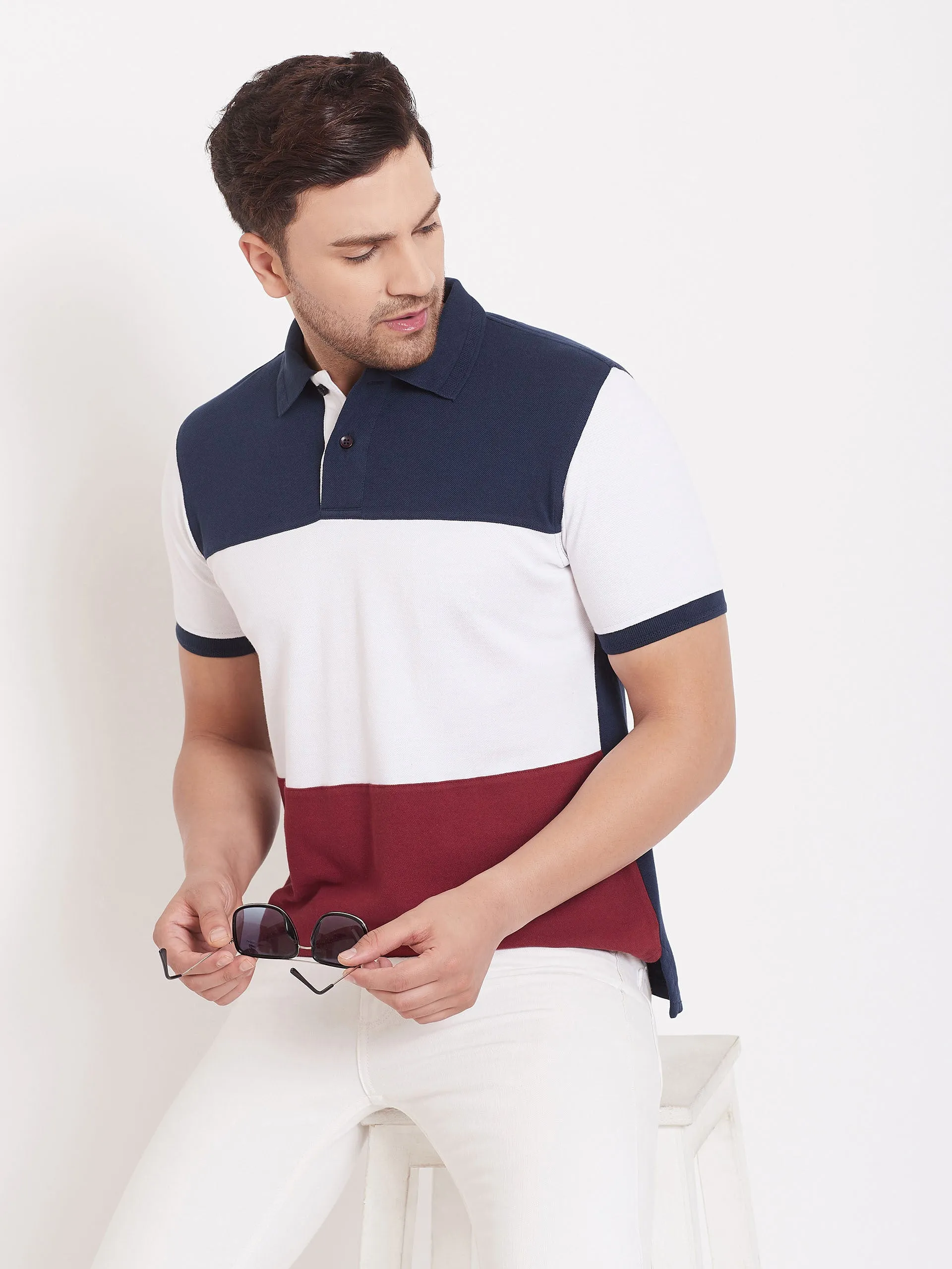 JUMP USA Men Colourblocked Navy Blue & Red polo T-shirt