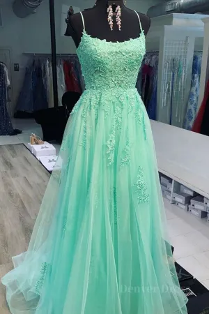 kamahe A Line Mint Green Lace Long Prom Dresses, Mint Green Lace Formal Graduation Evening Dresses