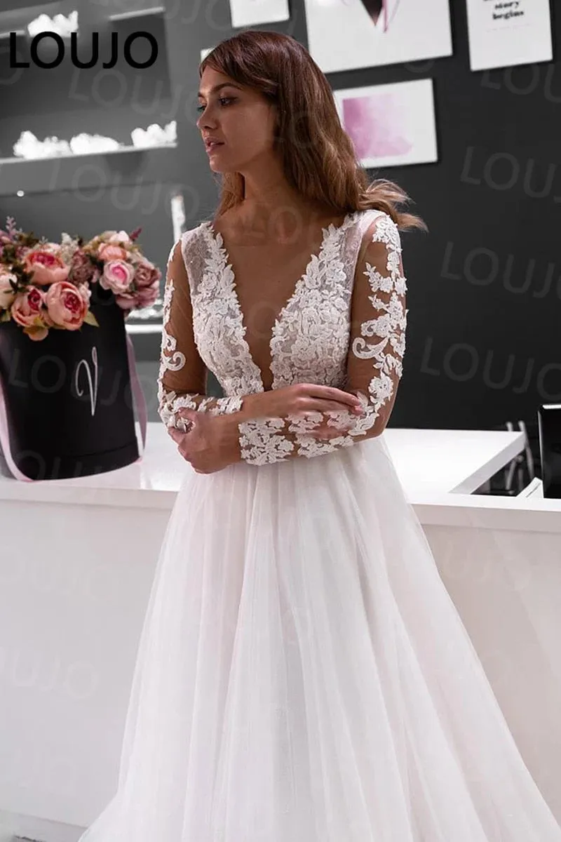 Lace Long Sleeve Sheer Illusion Neckline Boho Wedding Gowns Vintage Bride Wedding Dresses