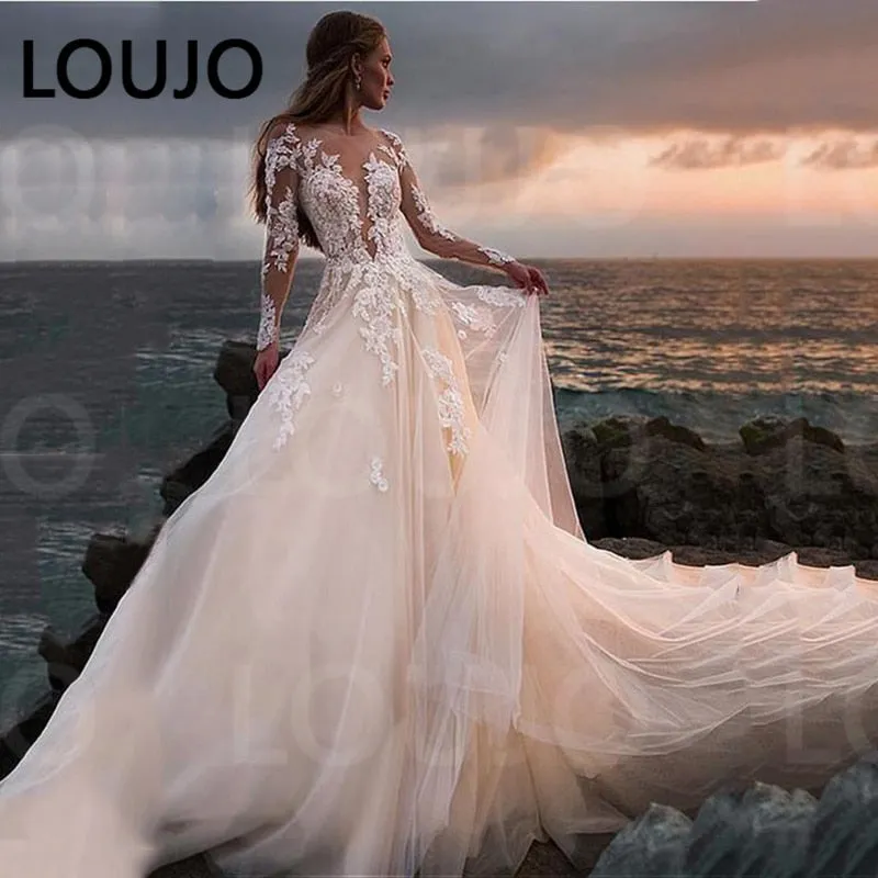 Lace Long Sleeve Sheer Illusion Neckline Boho Wedding Gowns Vintage Bride Wedding Dresses