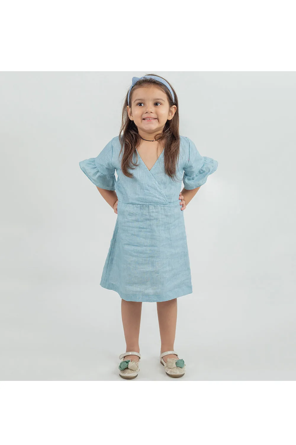 Light blue linen gathered dress