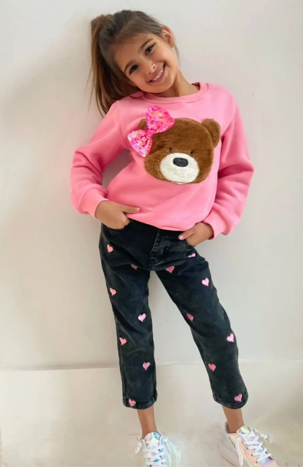 Lola and The Boys Girls Teddy Bear BOW Sweatshirt