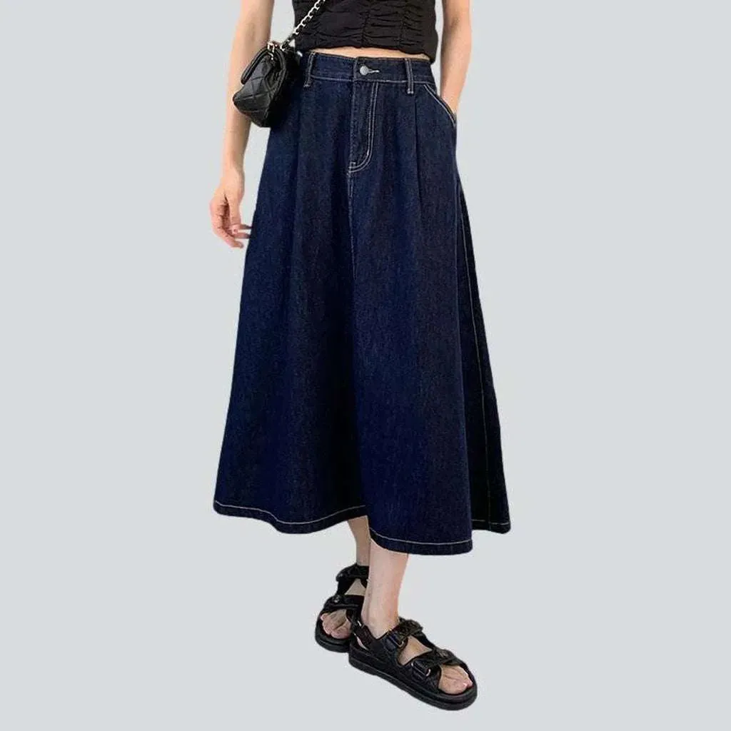 Long flare women's denim skirt