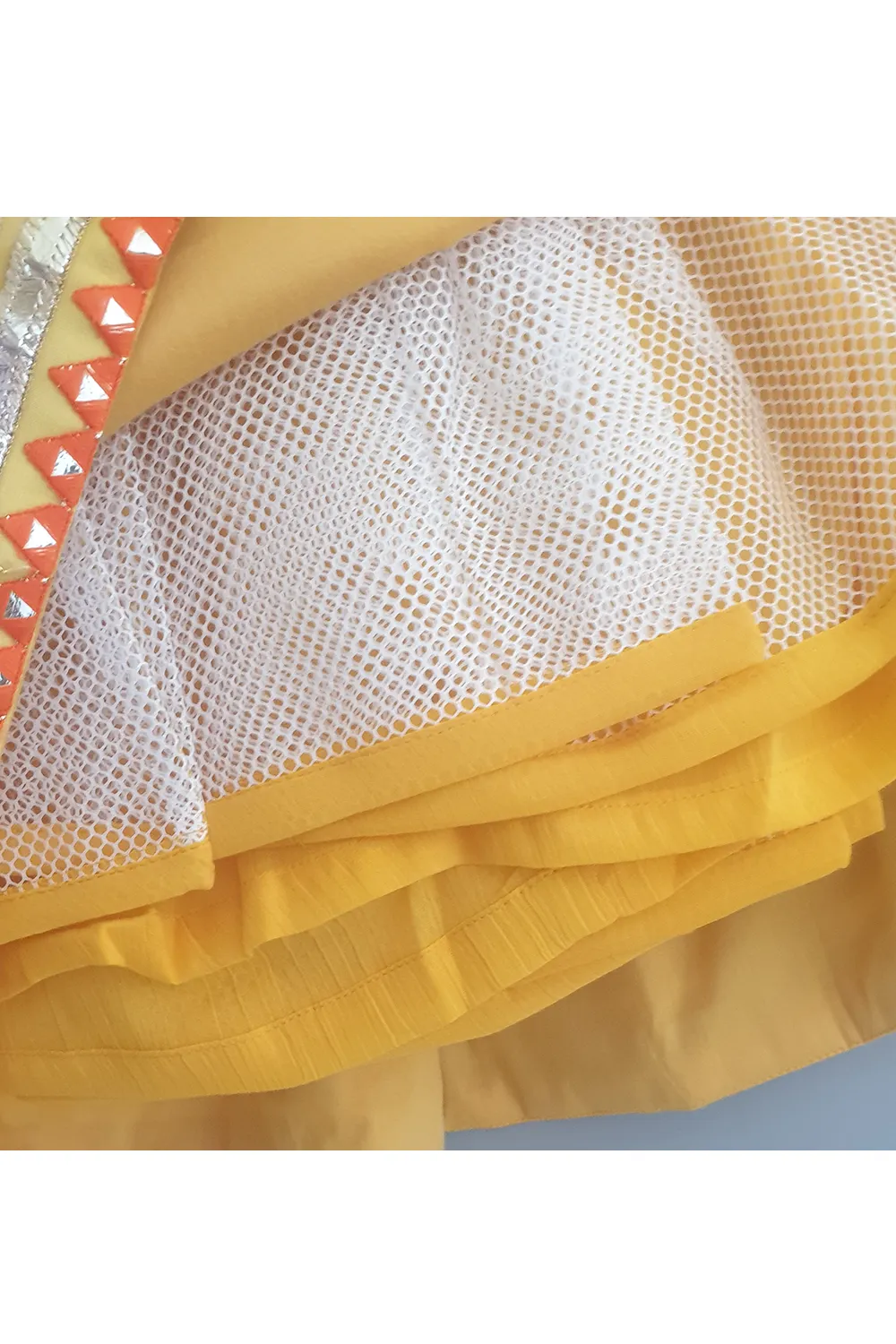 Mango yellow embroidered choli and lehenga with frilly dupatta