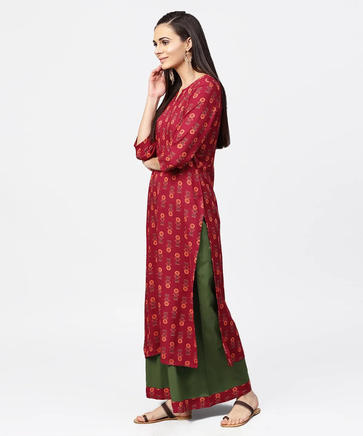 Maroon printed 3/4th sleeve cotton kurta with green ankle length palazzo