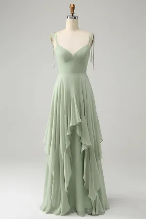 Matcha A-Line Spaghetti Straps Chiffon Maxi Dress with Ruffles