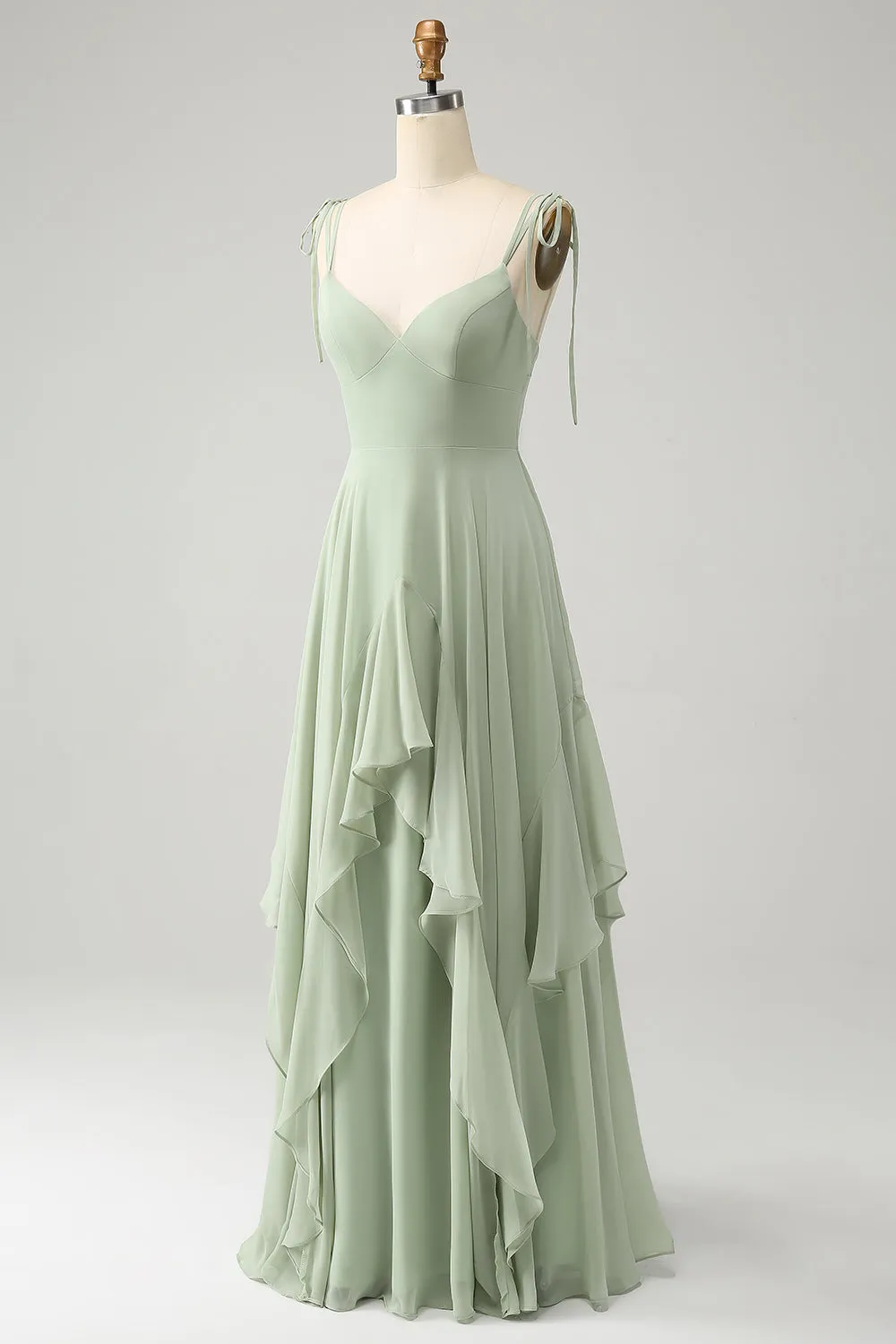 Matcha A-Line Spaghetti Straps Chiffon Maxi Dress with Ruffles