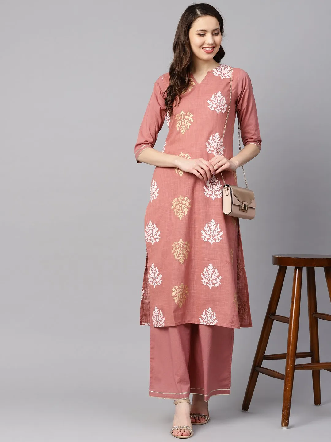 Mauve Colored Gold printed Kurta Set with Solid Palazzo Embellished with Gotta