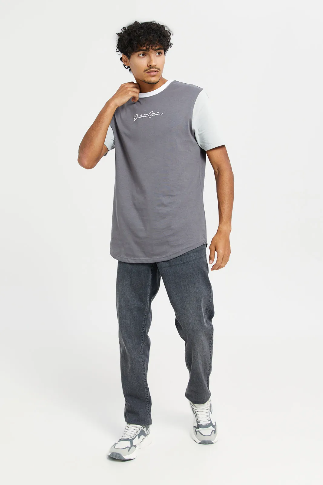 Men Charcoal T-Shirt With Contrast Sleeves