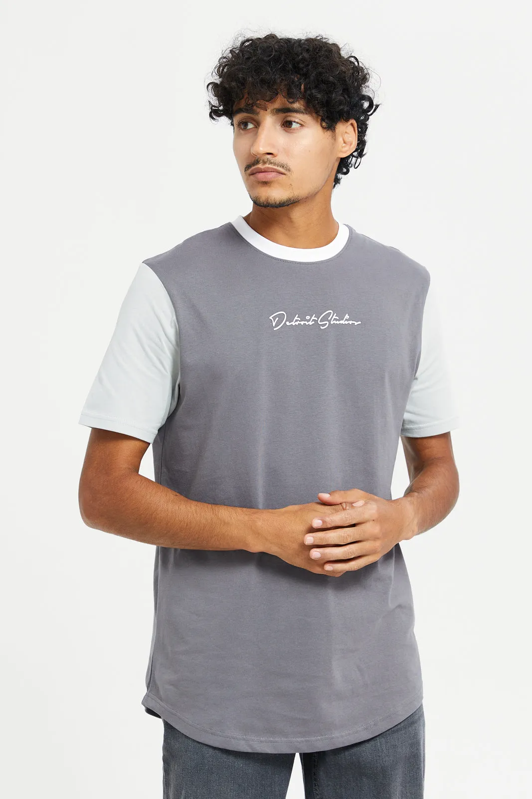 Men Charcoal T-Shirt With Contrast Sleeves