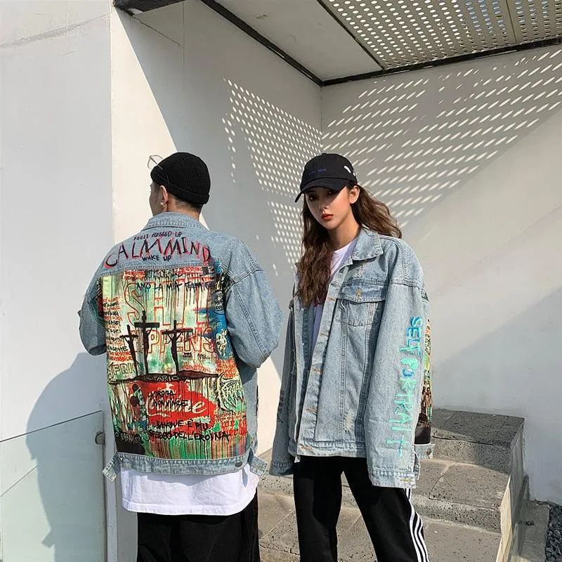 Men Oversized Graffiti Mess Denim Jacket