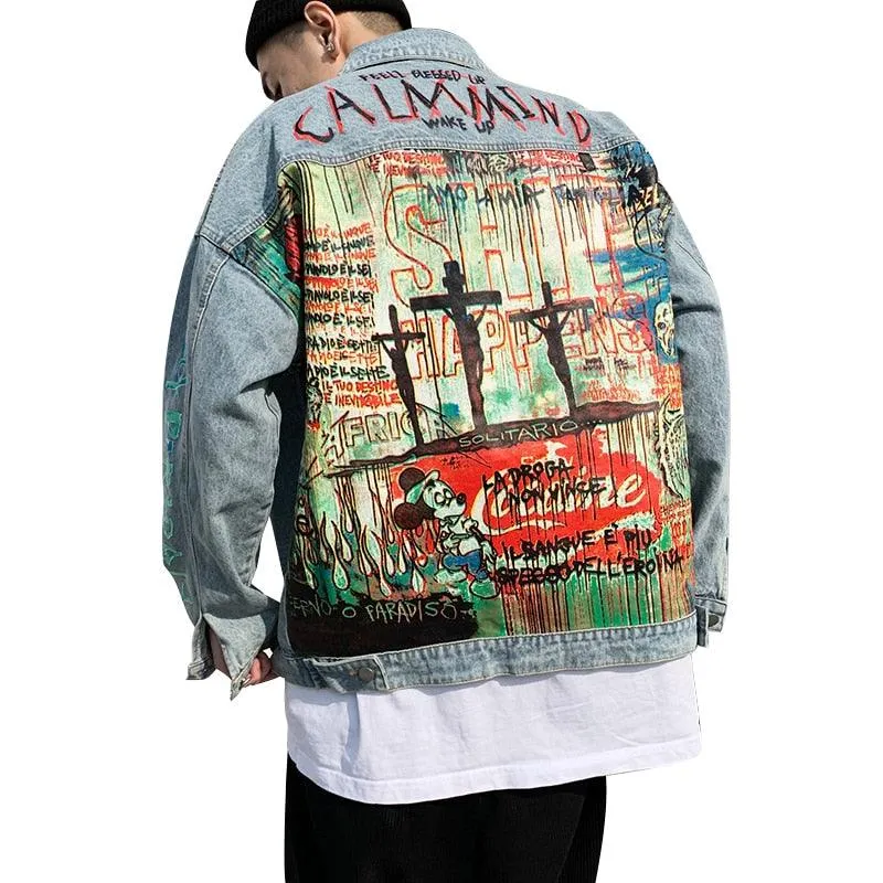 Men Oversized Graffiti Mess Denim Jacket